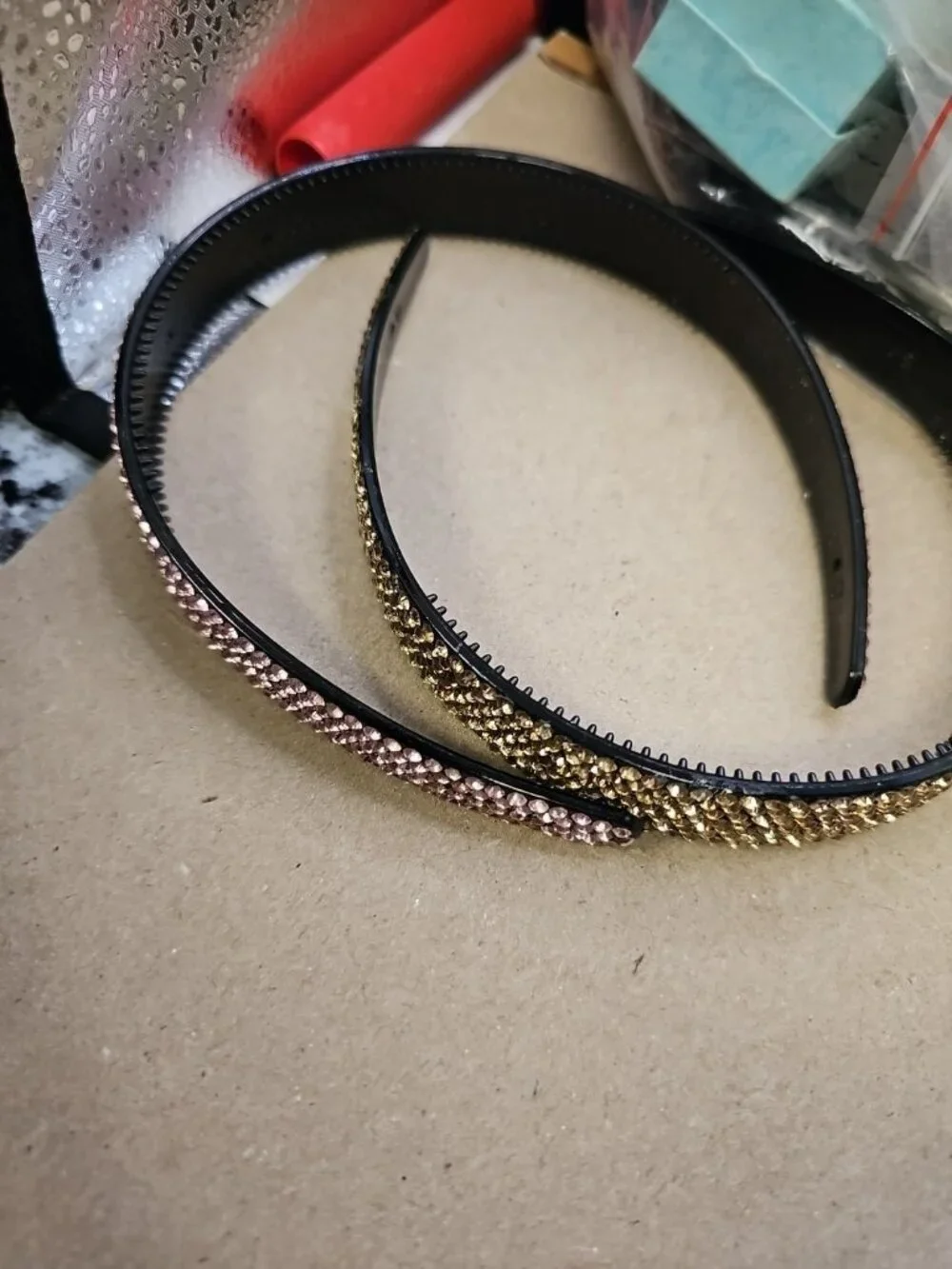 headbands lot of 2 Black Plastic  With Yellow & Peach Rhinestones
